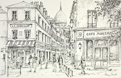 Strolling in Montmatre Study by Phillip Bissell - Original Drawing on Mounted Paper sized 17x11 inches. Available from Whitewall Galleries