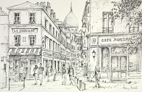 Strolling in Montmatre Study by Phillip Bissell - Original Drawing on Mounted Paper